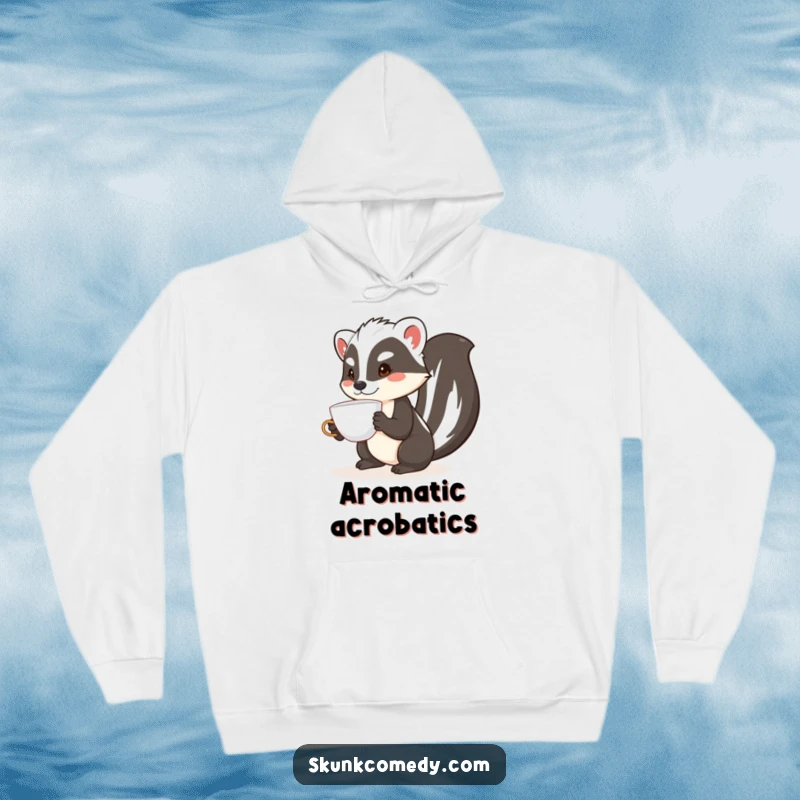 Funny skunk hoodie depicting a skunk focused on balancing a teacup on its nose, perfect for cozy laughs.