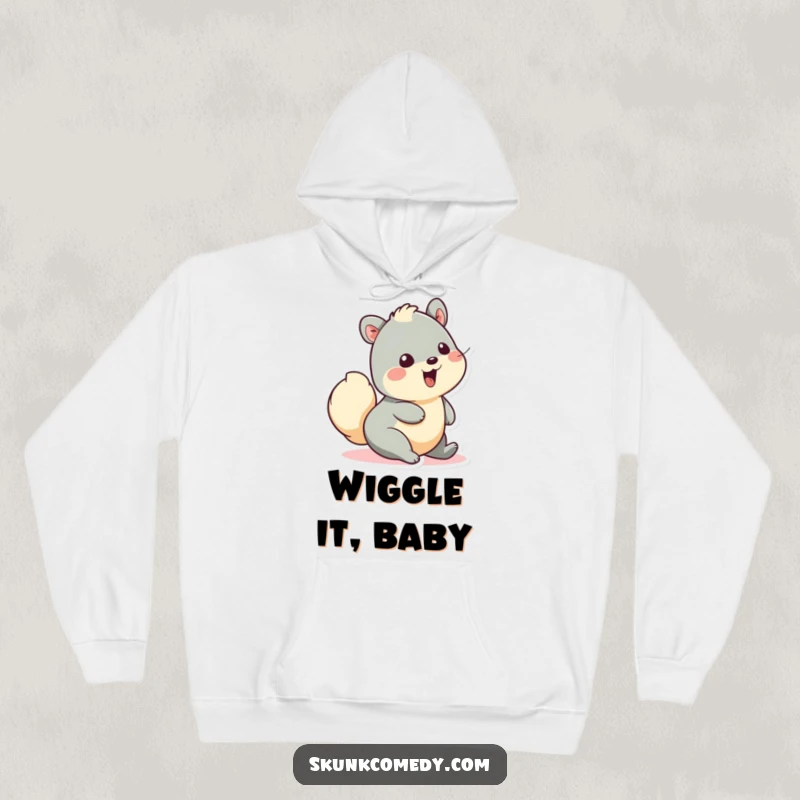 Funny hoodie featuring a creature joyfully wiggling its fluffy tail, embodying pure delight and cozy comfort. A heartwarming and humorous garment.