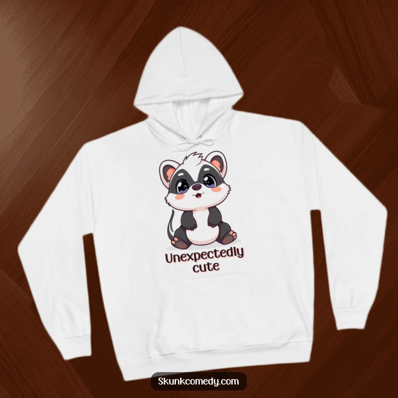 Funny Kawaii Skunk hoodie depicting a skunk with surprised, wide eyes looking upwards, ideal for conveying amusing wonder and expressions.