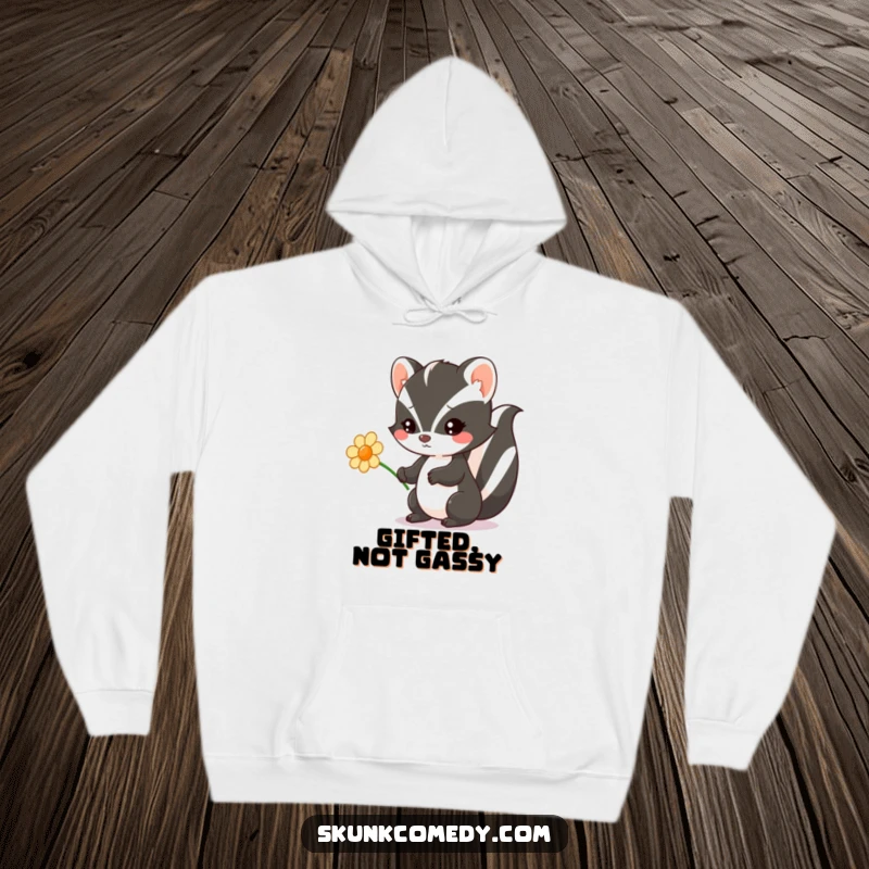 Funny Kawaii Skunk hoodie depicting a skunk sweetly offering a flower, ideal for conveying warmth, kindness, and adorable charm.