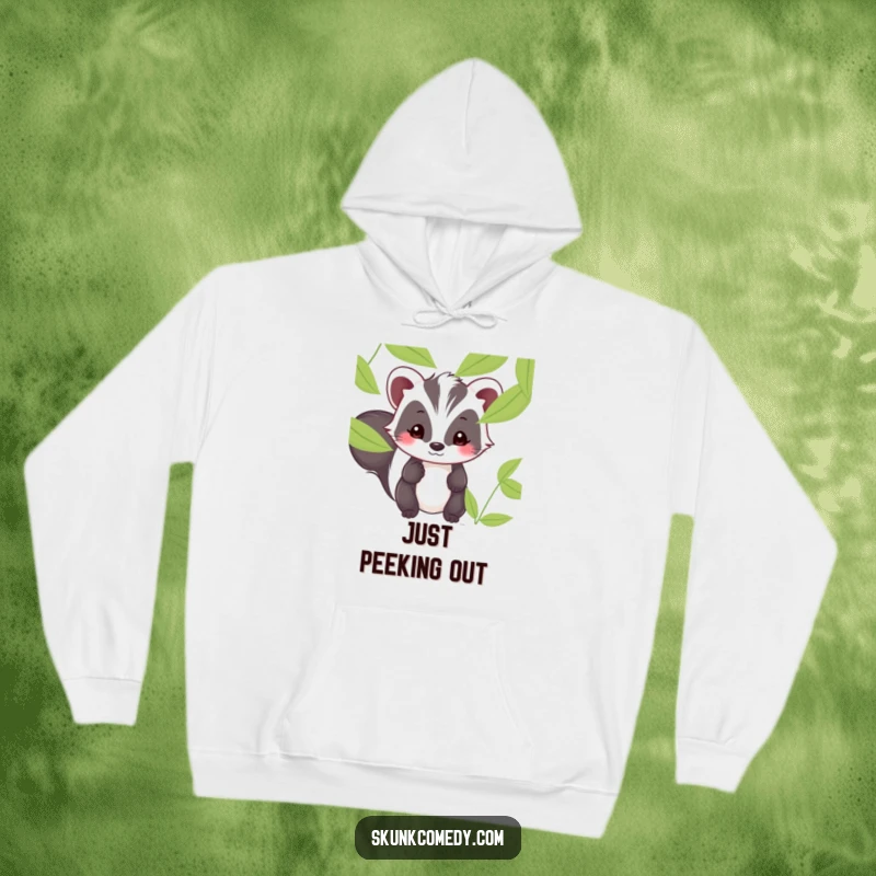 Funny Kawaii skunk hoodie with a sweet-faced skunk shyly peeking from behind foliage, offering warmth and humor.