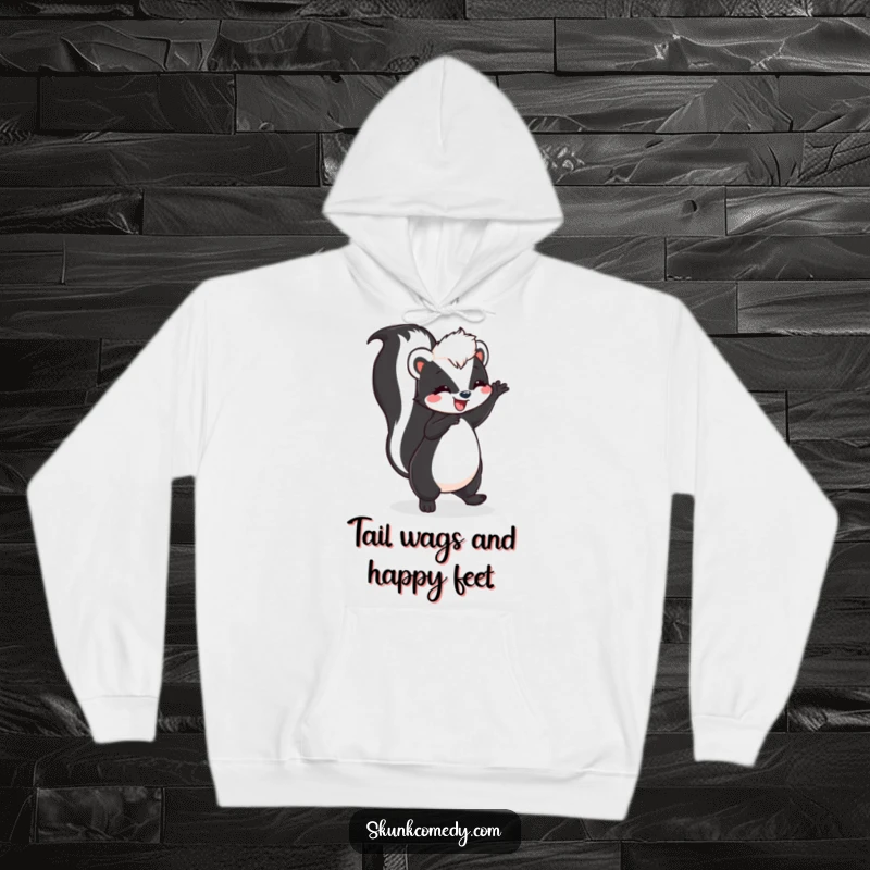 A cozy hoodie featuring a funny skunk doing a joyful dance with its tail lifted high, radiating happiness.