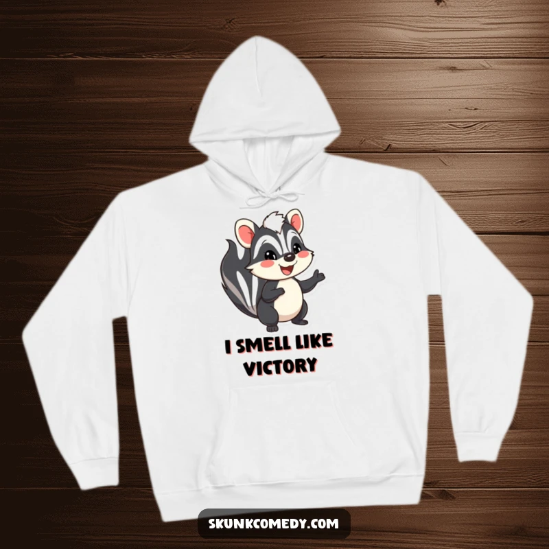 Funny skunk hoodie, a cute skunk with a huge smile waves hello, a perfect funny gift for cozy comfort.