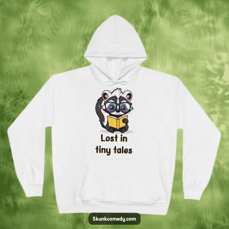 A cozy hoodie featuring a funny skunk sporting large glasses and reading a small book, offering intellectual comfort.