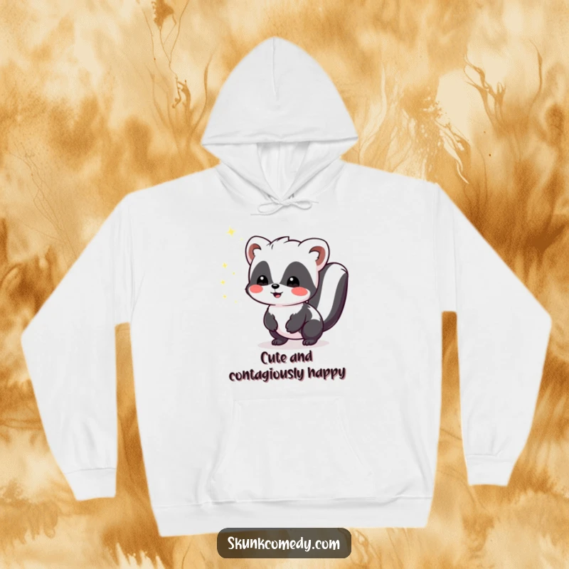 Funny Kawaii Skunk hoodie showcasing a cute skunk emitting tiny, harmless sparkles of joy, perfect for cozy comfort and happy spirits.