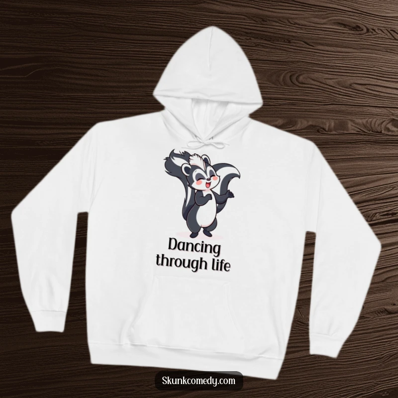 Funny skunk hoodie, joyfully dancing with its tail held high, warm and humorous clothing.