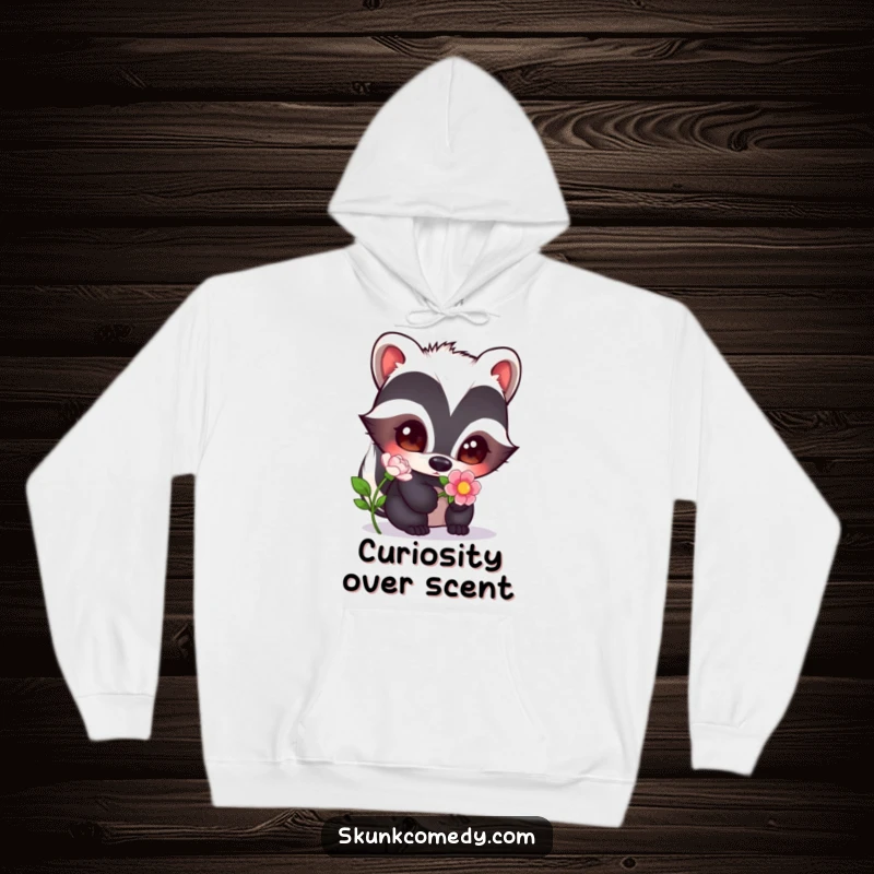 Funny skunk with wide, captivating eyes sniffing a delicate flower, a sweet and humorous design for this hoodie.