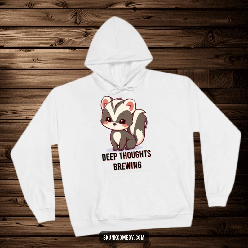 Funny Kawaii Skunk Hoodie showing a skunk with a tilted head, embodying gentle curiosity and cozy warmth for gifting.