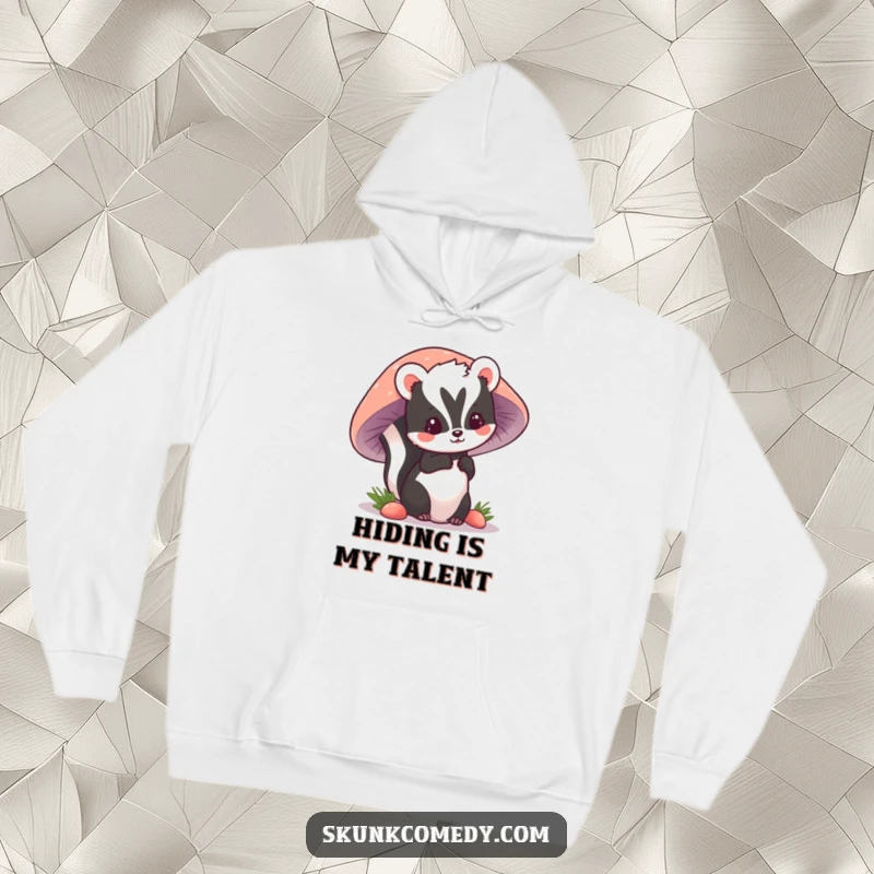 Funny kawaii skunk peeking out from a large mushroom, looking cute and curious on this cozy hoodie.