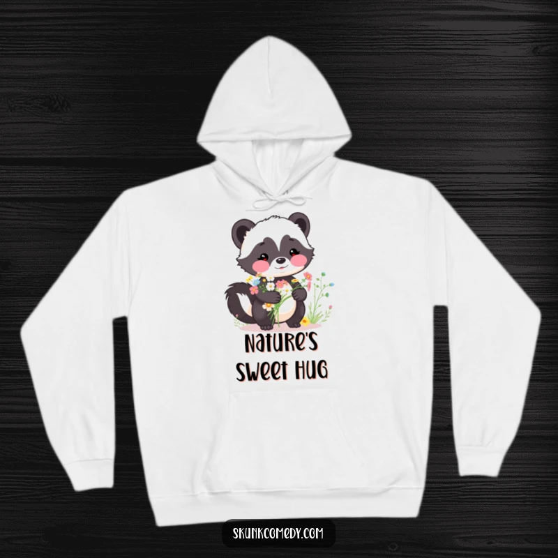 Funny skunk hoodie, rosy cheeks, holding a bouquet of wildflowers, soft, warm, and charmingly designed, a perfect funny gift.