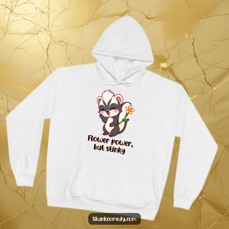 Funny skunk hoodie depicting a contented skunk playfully twirling a flower, offering warmth and humorous charm.