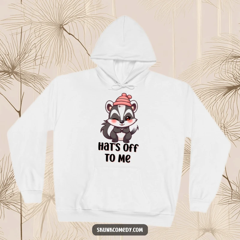 Funny skunk hoodie, wearing a tiny hat, winking mischievously, warm and humorous clothing.