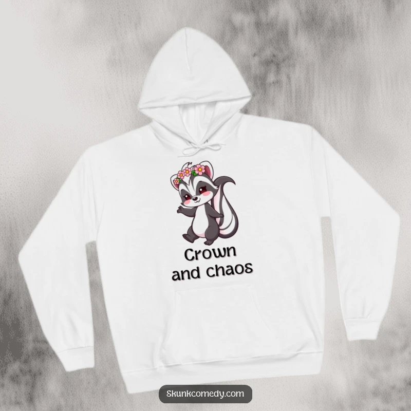 Funny Skunk Hoodie featuring a skunk in a flower crown, playfully twirling, perfect for cozy, whimsical wear.