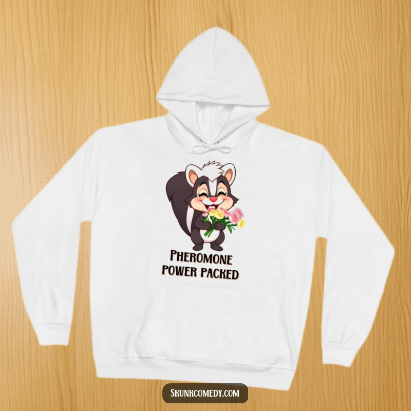 Funny skunk hoodie with a wide, goofy smile holding a beautiful flower bouquet, perfect for casual, humorous wear.