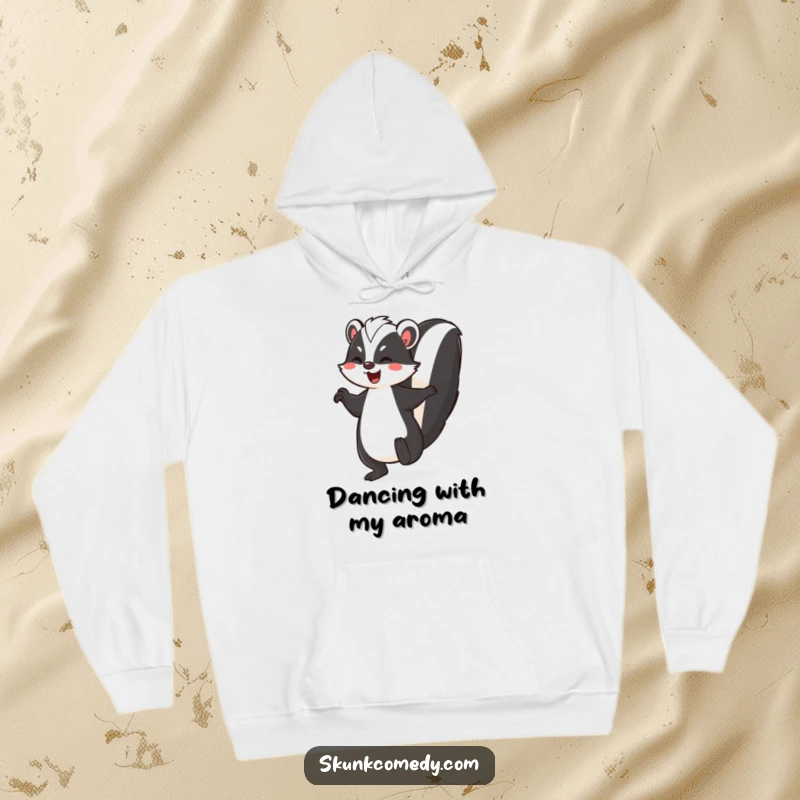 Funny skunk hoodie, a skunk joyfully dancing with its striped tail held high, cozy and fun streetwear.