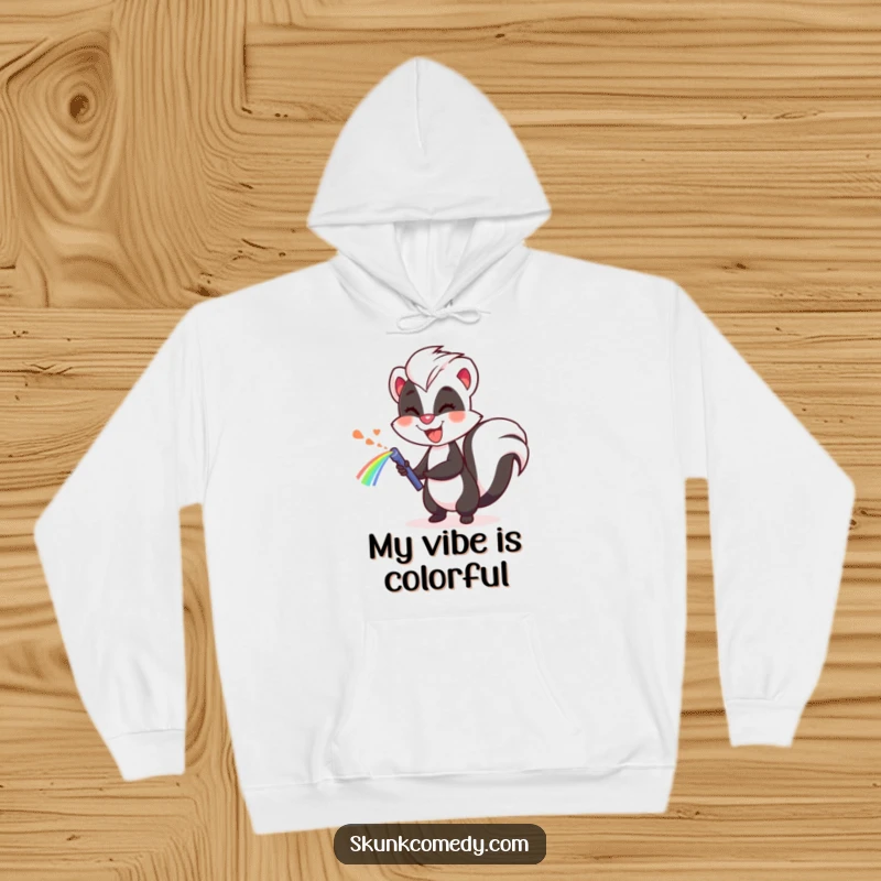 Funny skunk hoodie, cheerfully spraying a rainbow, warm and humorous clothing for a great gift.