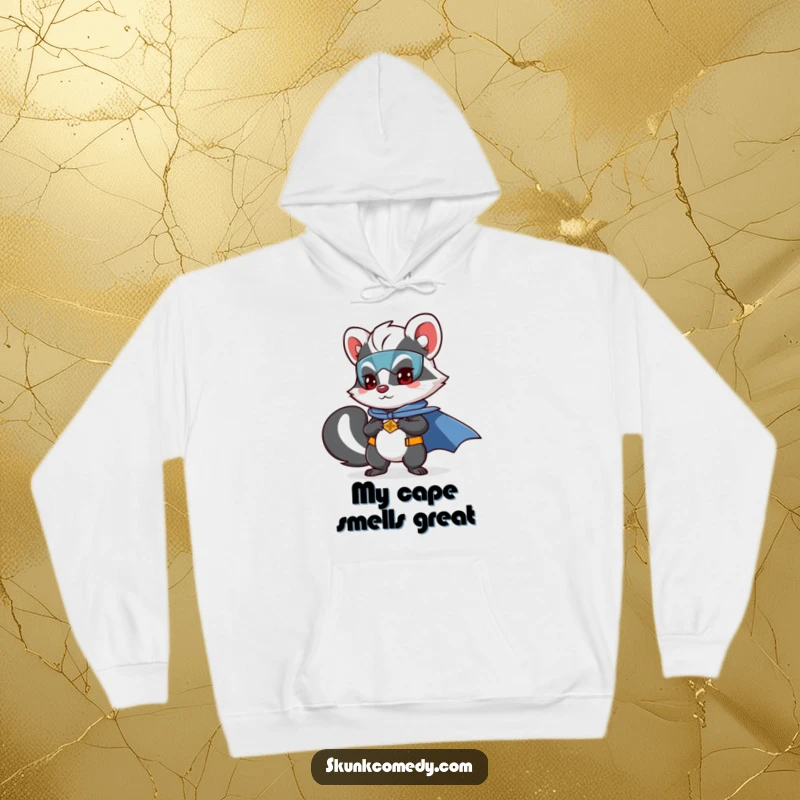 Funny skunk hoodie showing a skunk as a superhero, ready to protect with a cape and determination.