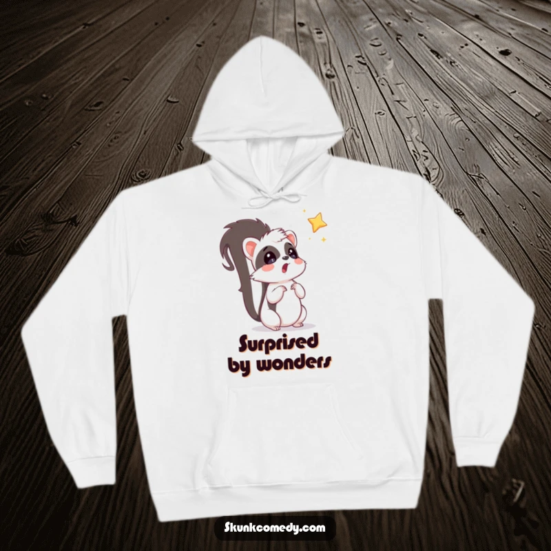 Funny surprised skunk looking up at a star, radiating whimsical humor in this cozy hoodie.