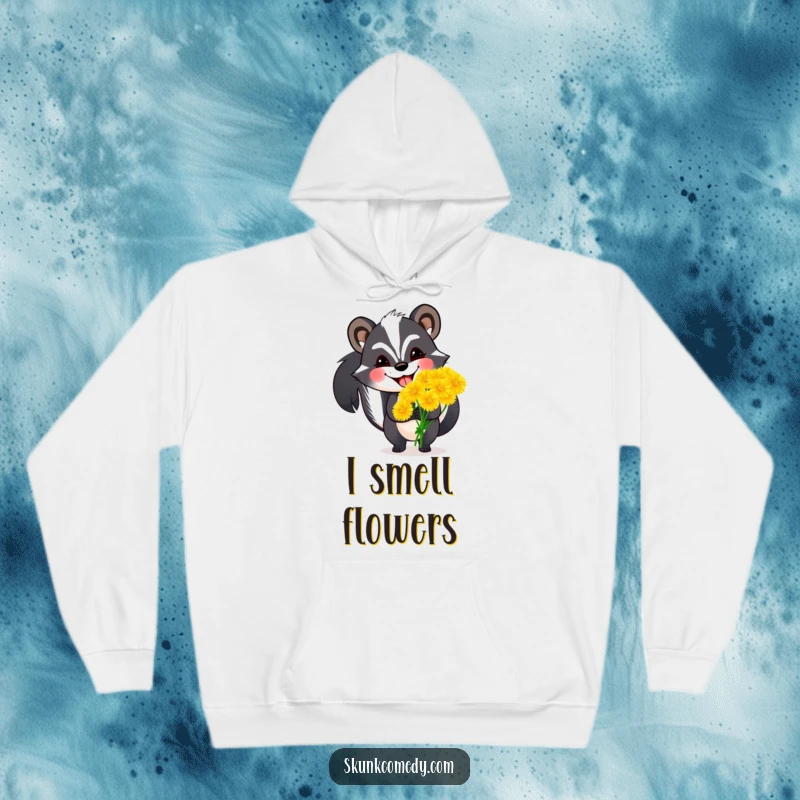 Funny skunk hoodie showing a skunk with a wide grin holding a large bouquet of oversized dandelions, a cozy and cheerful clothing item.