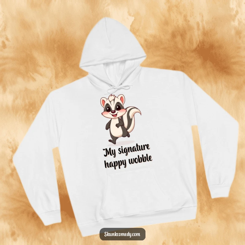 Funny skunk hoodie featuring a skunk doing a funny, wobbly walk with a joyful, happy bounce.