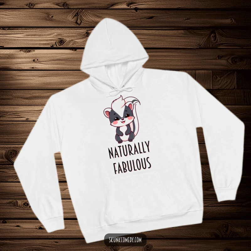 Funny Kawaii Skunk hoodie depicting a cheerful skunk with a smile and raised tail, ideal for conveying warmth and friendliness.