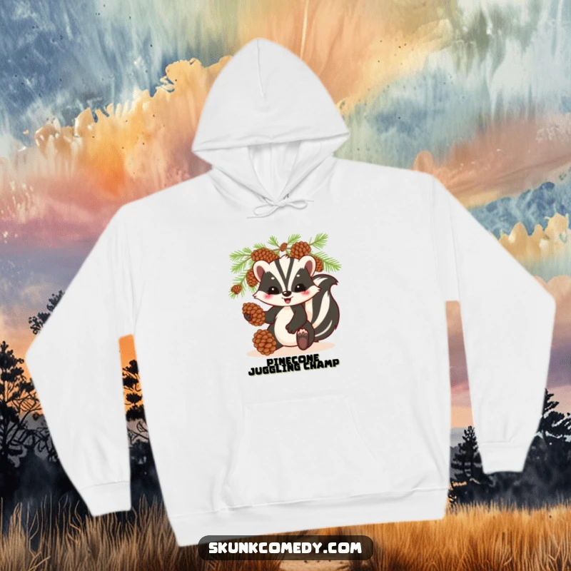 Funny skunk hoodie, playfully juggling pinecones, warm and humorous woodland-themed clothing.