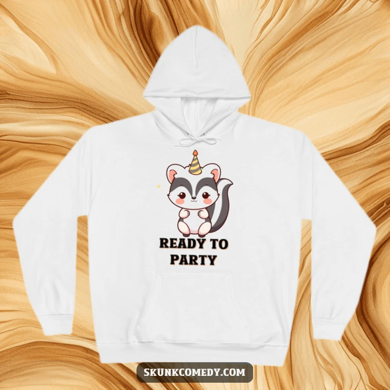 Funny Kawaii Skunk Hoodie with a skunk holding a celebratory party horn, offering cozy comfort and festive vibes, a great gift.