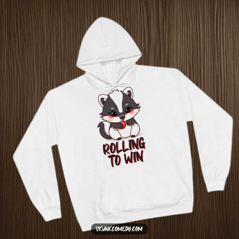 Funny skunk hoodie, determined expression, rolling a small berry, comfortable and motivational, a perfect funny gift.