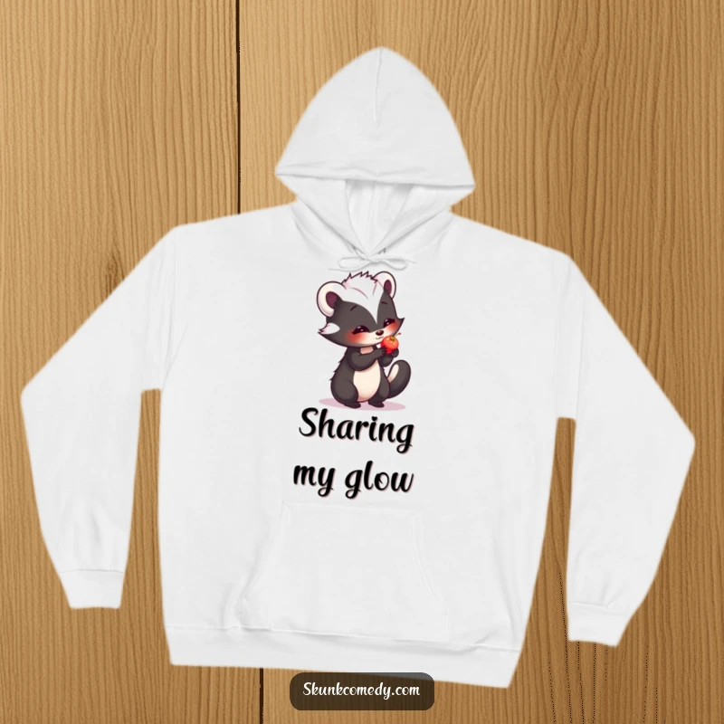 Funny hoodie featuring a shy skunk offering a small, luminous berry with a tender expression.