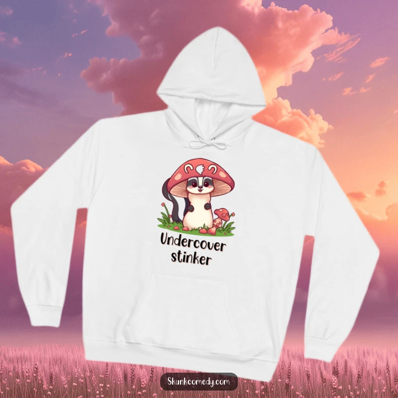 Funny skunk hiding behind a giant mushroom, warm hooded sweatshirt, cute forest animal, humorous graphic, gift.
