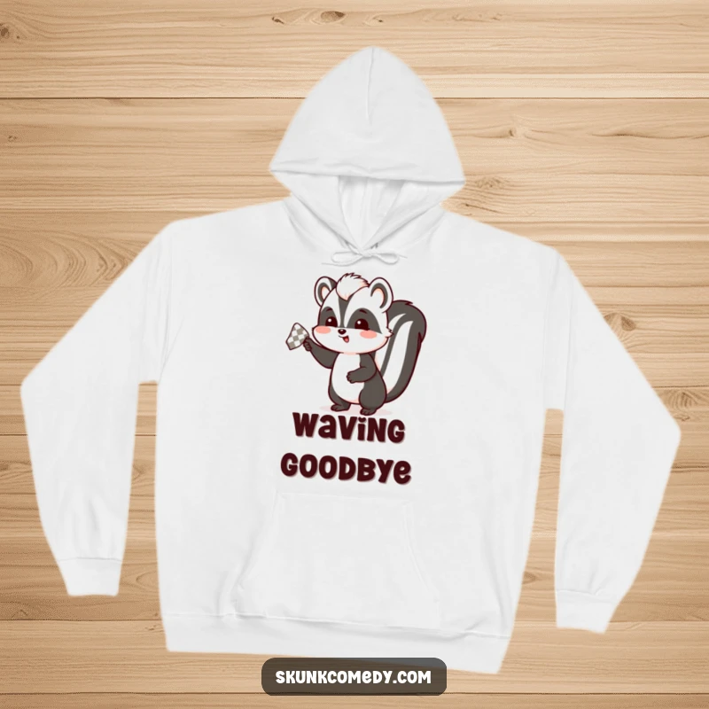 Funny skunk hoodie showing a skunk enthusiastically waving a checkered handkerchief, a cozy and humorous piece of clothing for farewells.