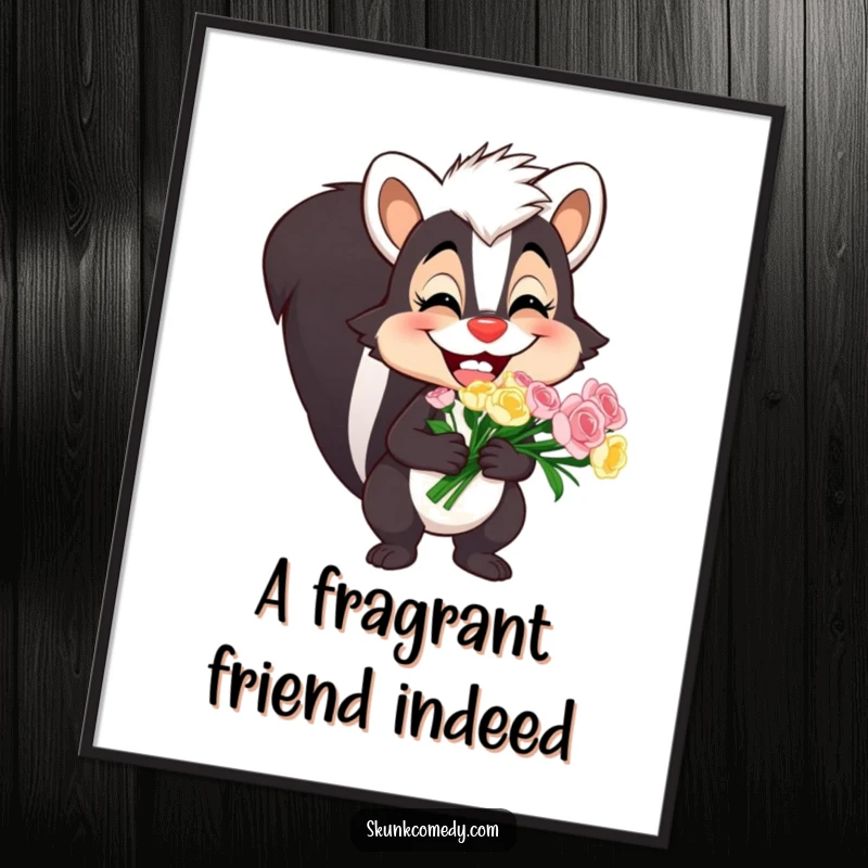 Funny free printable wall art depicting a large-grinned skunk presenting a vibrant bouquet, adding a touch of humor.