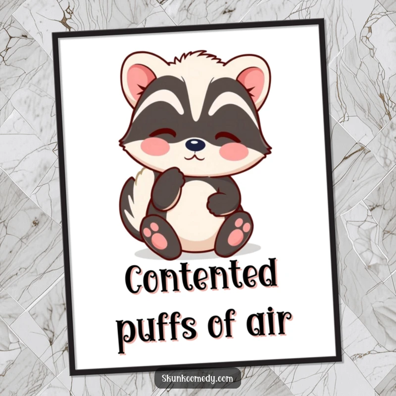 Funny Free Printable Wall Art of a kawaii skunk with a contented sigh, represented by soft puffs, creating a peaceful and charming vibe.
