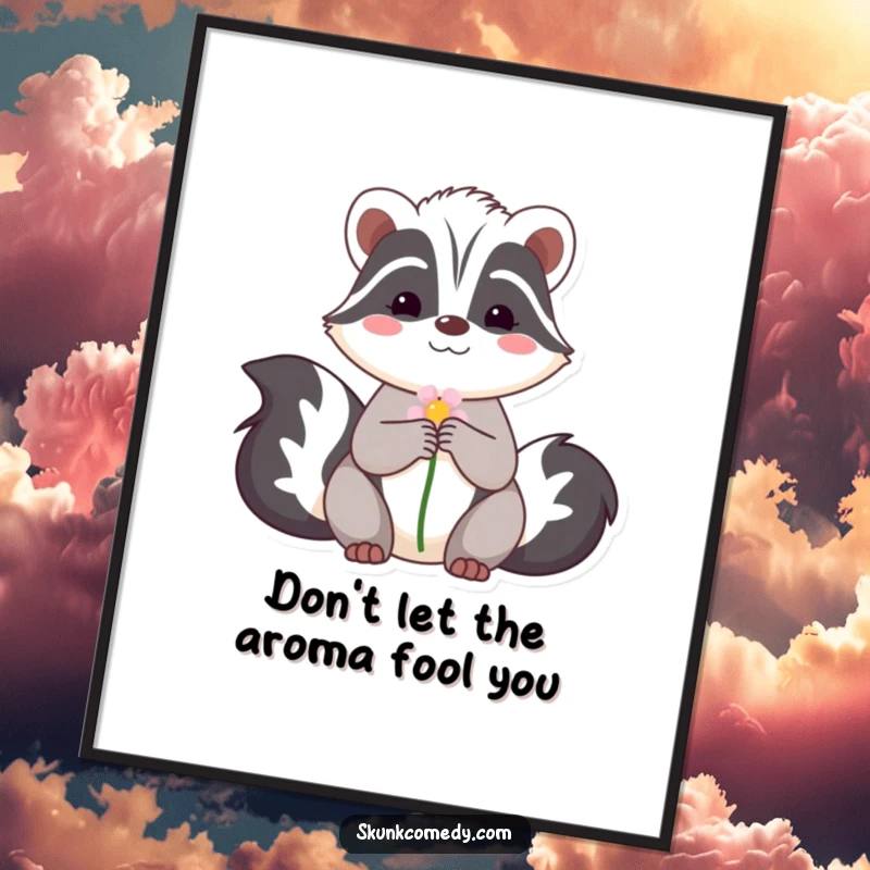 Funny Free Printable Wall Art: A shy skunk offering a flower with a sweet smile, perfect for adding a touch of tender humor.