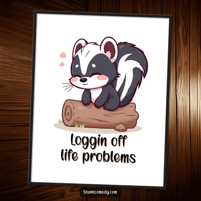 Funny Free Printable Wall Art: A skunk sits on a log, sighing with pure relief and comfort.