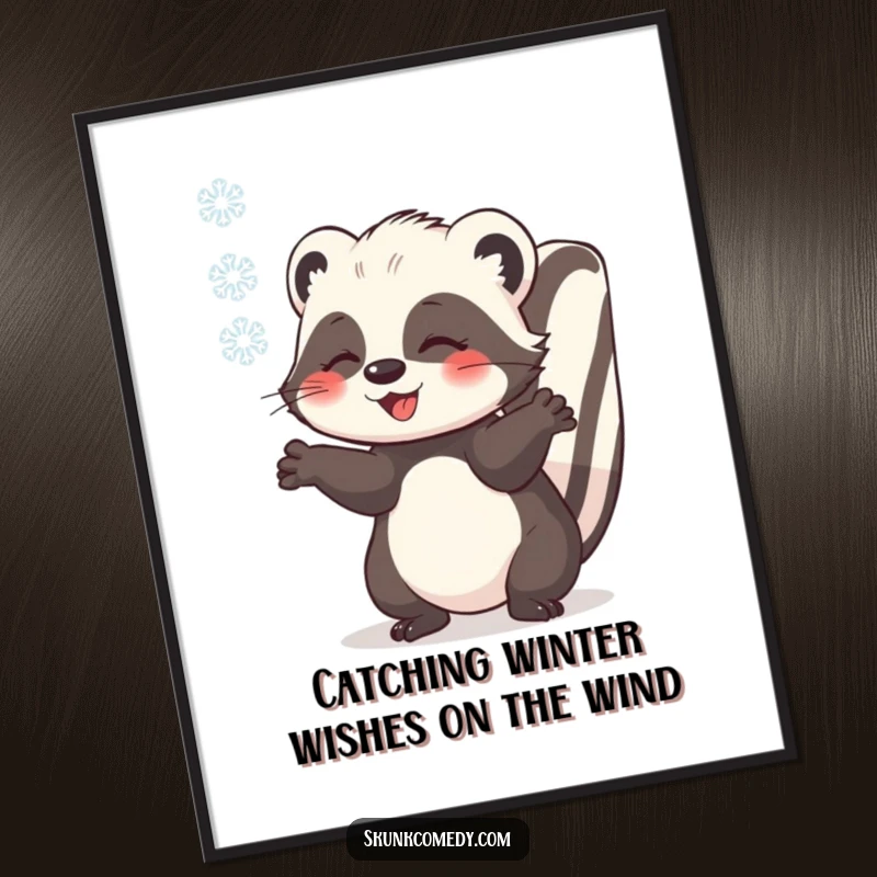 Funny Free Printable Wall Art of a skunk happily catching a falling snowflake with its outstretched paws. Serene and humorous downloadable decor.