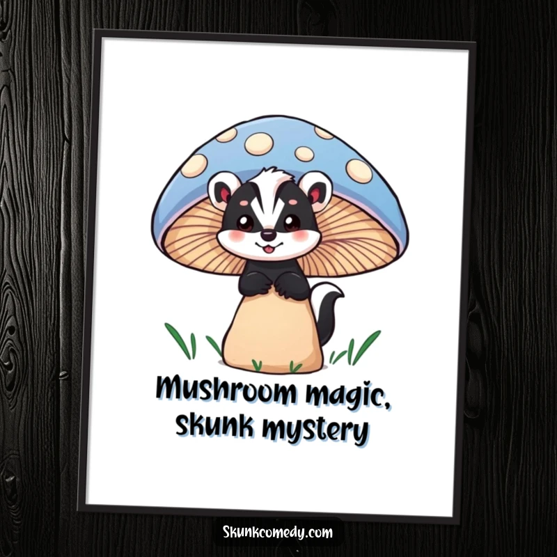 Funny Free Printable Wall Art capturing a skunk's wide-eyed wonder as it peeks from behind a large, brightly colored, magical mushroom.
