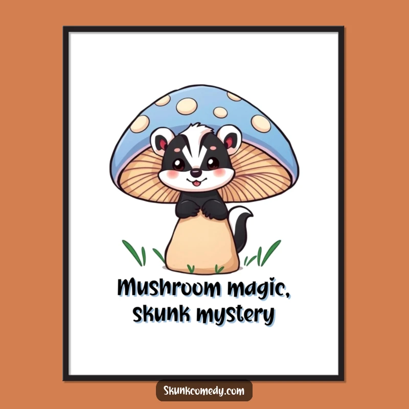 Free Printable Wall Art: Curious Skunk Mushroom Scene, Downloadable Fantasy Decor