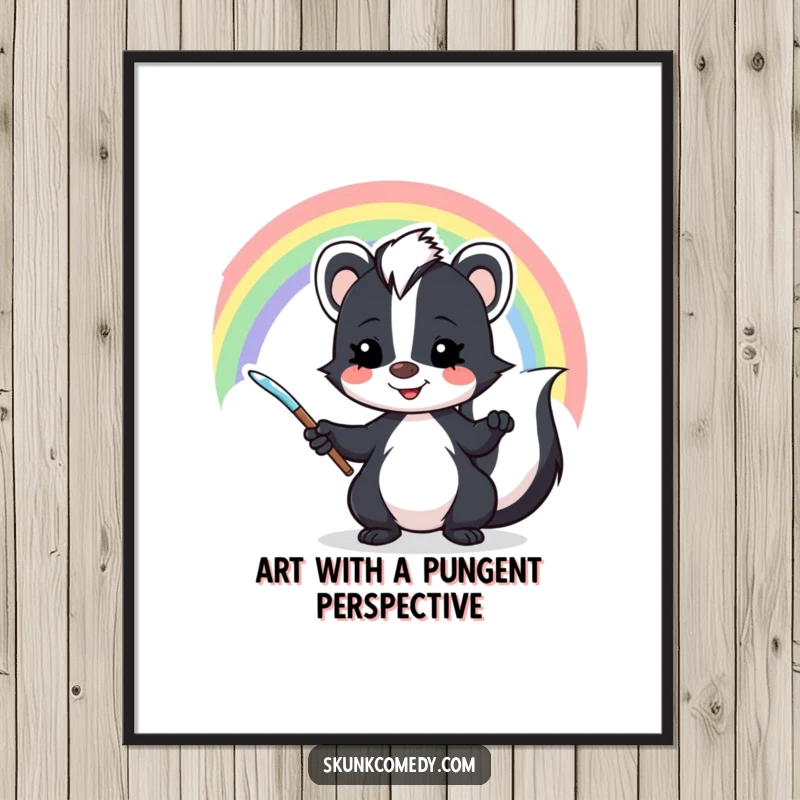 Funny Free Printable Wall Art depicting a grinning skunk artist masterfully painting a vibrant rainbow across a whimsical sky.
