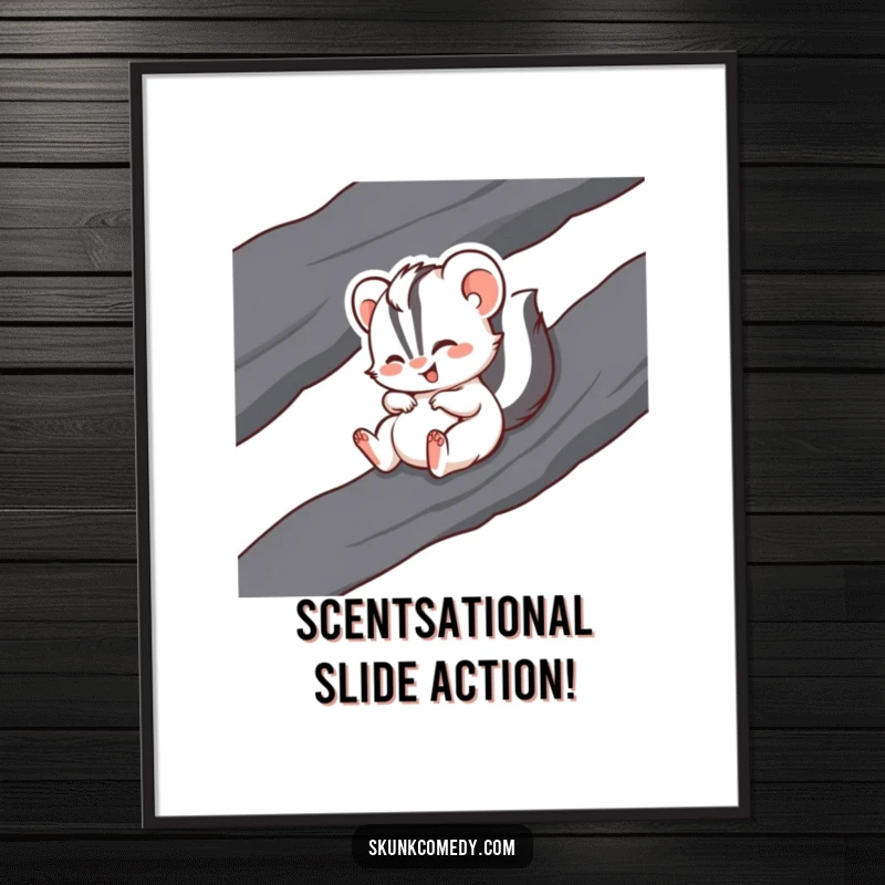 Funny free printable wall art: A skunk laughs hysterically while sliding down a dark rock, bringing joy to any wall.
