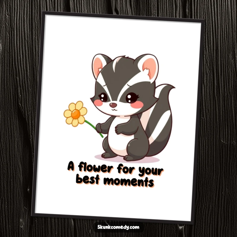 Funny free printable wall art of a Kawaii skunk charmingly offering a flower, radiating gentle kindness and beauty.