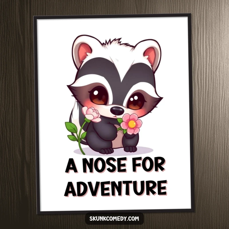 Funny Free Printable Wall Art: A skunk with large, curious eyes is captured in the act of sniffing a beautiful, delicate flower.