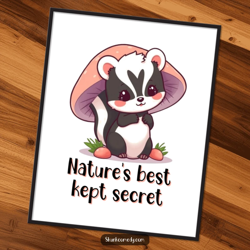 Funny Free Printable Wall Art: Cute kawaii skunk peeking out from behind a large, colorful mushroom, adding a touch of whimsy.