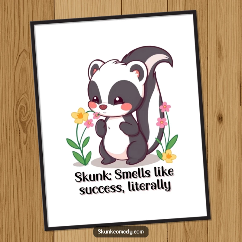 Funny Free Printable Wall Art depicting a kawaii skunk with its tail held high, happily sniffing a bouquet of flowers.
