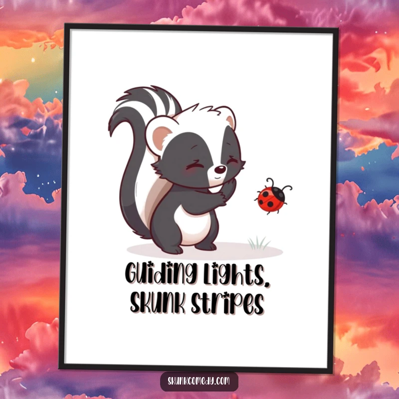 Funny Free Printable Wall Art: A skunk with a gentle nudge guiding a lost ladybug, creating a heartwarming and humorous scene.