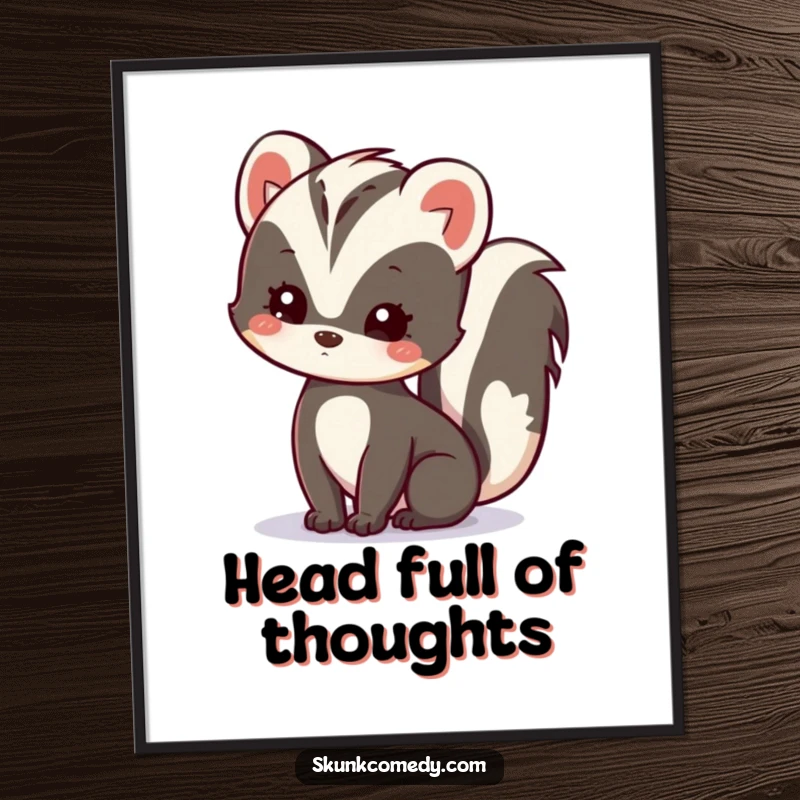 Funny Free Printable Wall Art of a kawaii skunk tilting its head, displaying gentle curiosity and adding adorable charm to home decor.