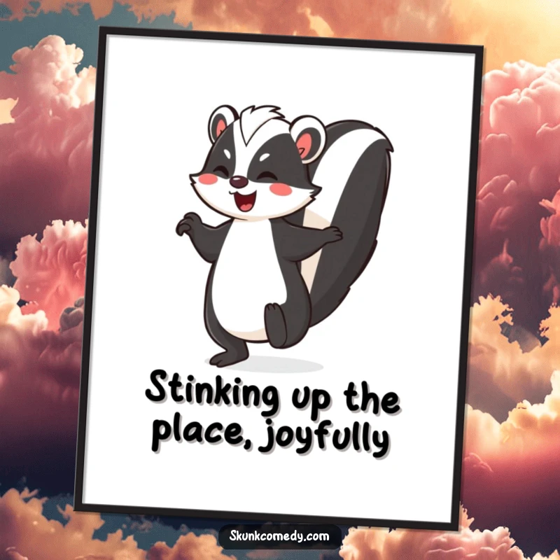Funny Free Printable Wall Art: Skunk dances joyfully with its striped tail held high, a whimsical digital print.