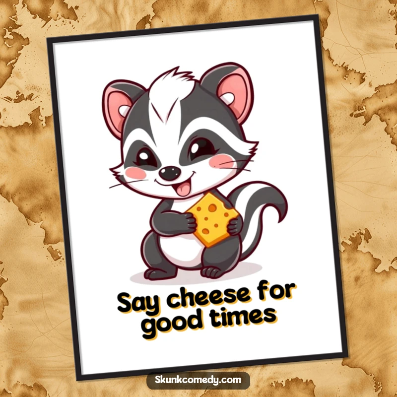 Funny Free Printable Wall Art: Kawaii skunk grins mischievously holding cheese, a cute and humorous digital print.
