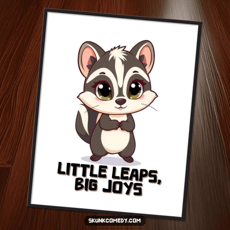 Funny free printable wall art capturing a skunk with innocent eyes in a playful, skipping pose, adding charm.
