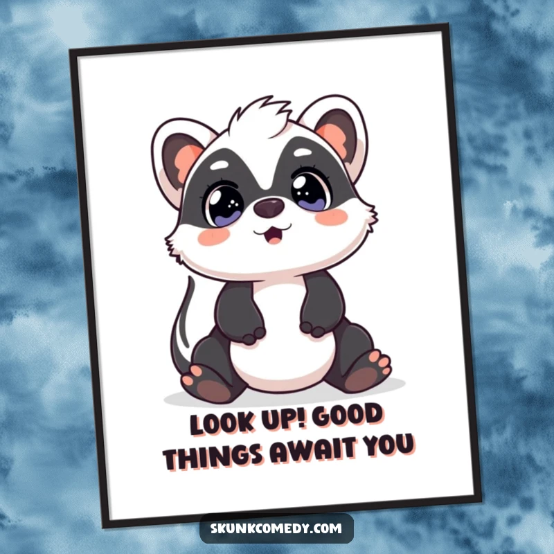 Funny free printable wall art of a Kawaii skunk with dramatically wide, surprised eyes looking upwards, capturing a moment of astonishment.